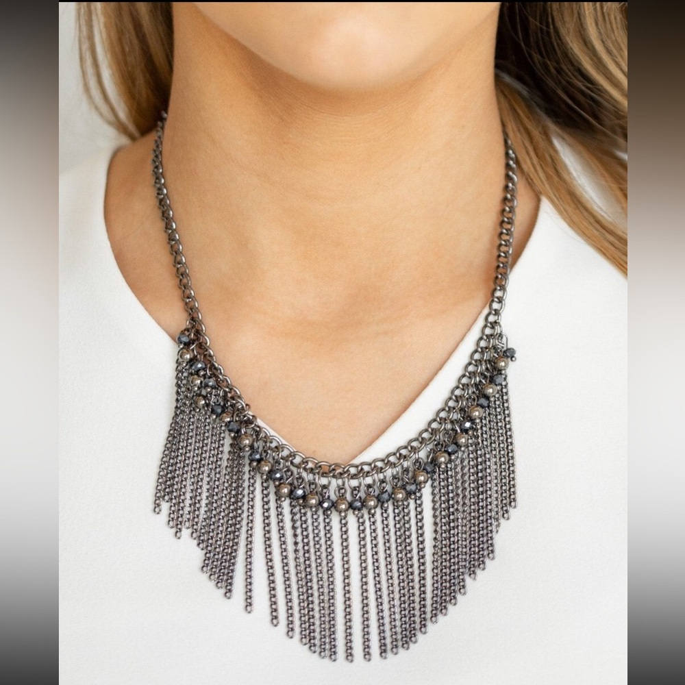 Divinely Blue with Gunmetal Fringe Statement Necklace - Women Jewelry